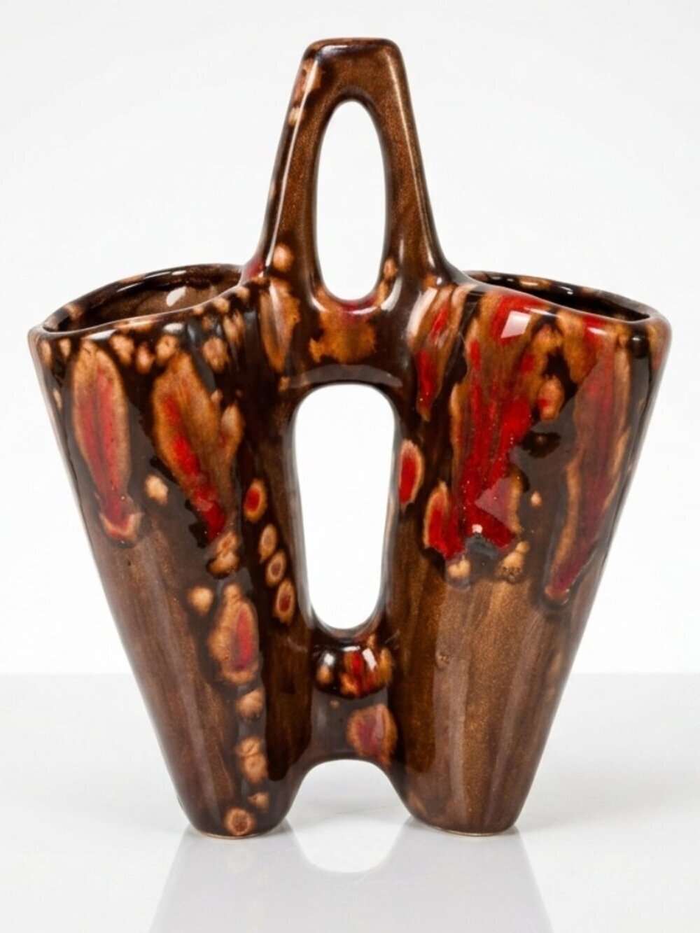 Vintage Handmade Double Handle Ceramic Brown Drip Glaze Vase